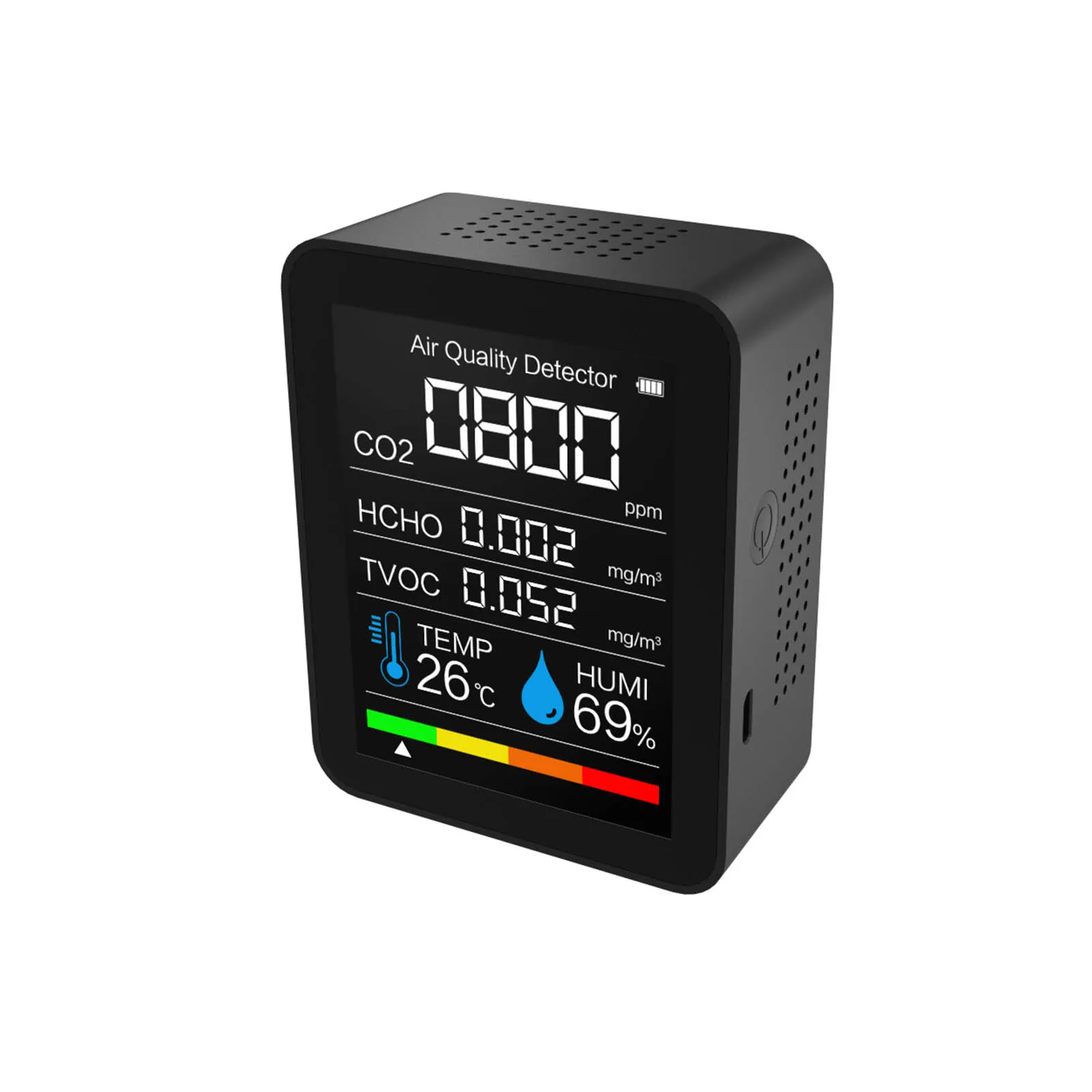 

Air Quality Monitor Portable Temperature And Humidity Meter USB HCHO TVOC CO2 Monitor With Intelligent Color Screen Display