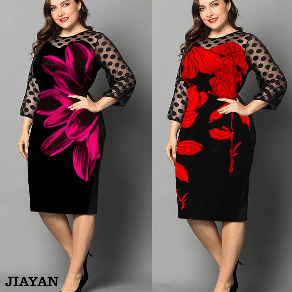 

Женское кружевное платье JIAYAN большого размера с принтом, женские платья с рукавом три четверти, свободная повседневная женская одежда