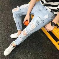 korean version of hole breaking jeans mens nine point small pants mens autumnsummer 9 point hole breaking pants