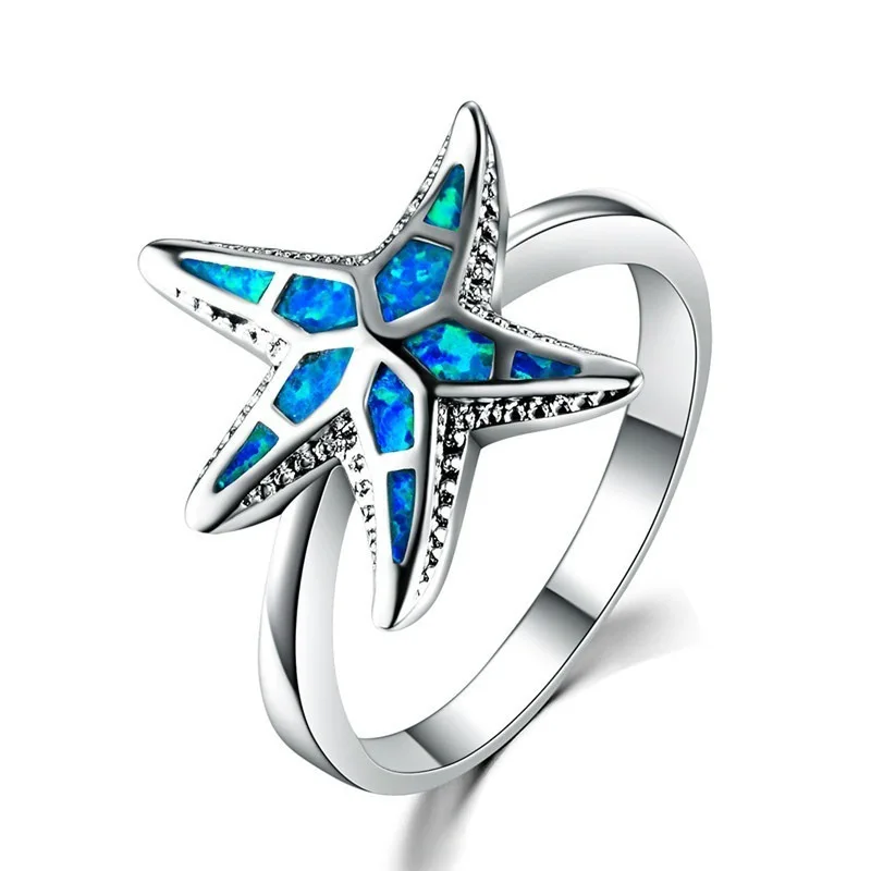 

Hot Selling New Stylish Personality Design Cute Ocean Starfish Blue Wedding Engagement Party Jewelry Rings For Women Best Gifts