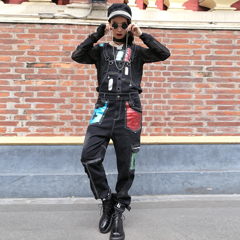 2020 Spring Women Loose Casual Harem Pants Silver Vest + Female Patchwork Jumpsuit Two Pieces Set Street Style Hip Hop Trousers | Женская