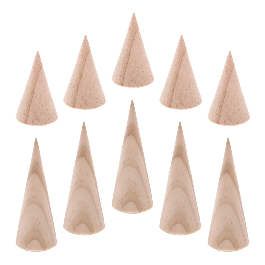 

10 Pieces Natural Unfinished Unpainted Plain Cone Shape Wood Ring Jewellery Display Stand Packaging