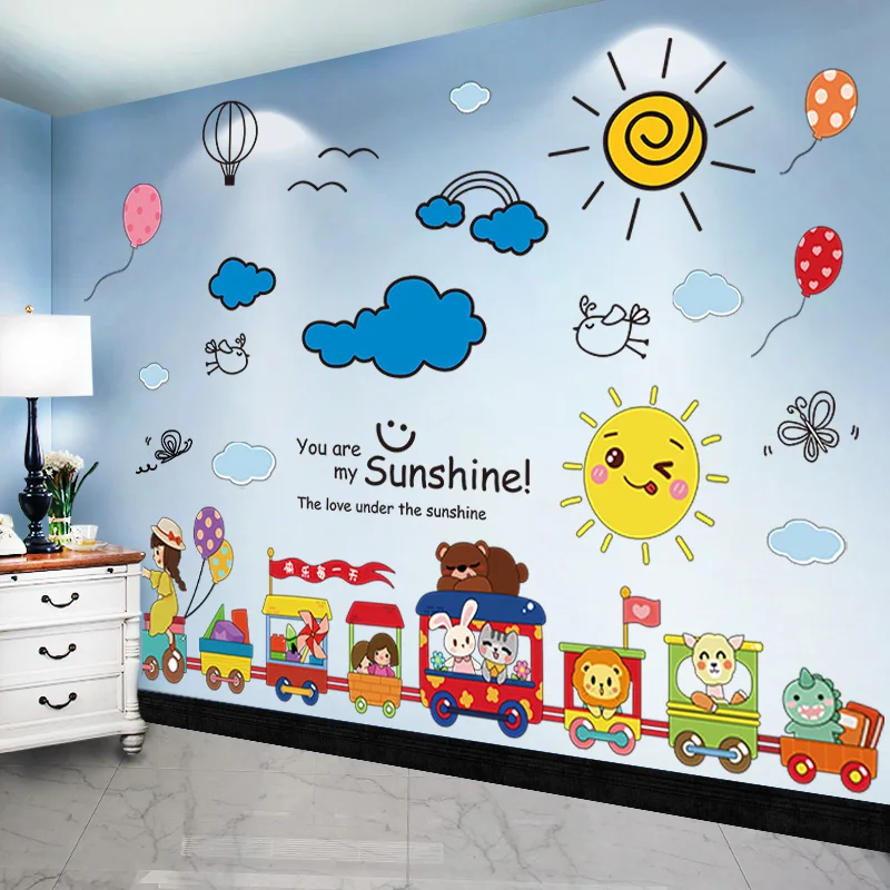 

[shijuekongjian] Animals Train Wall Stickers DIY Clouds Sun Wall Decals for Kids Rooms Baby Bedroom Nursery Home Decoration