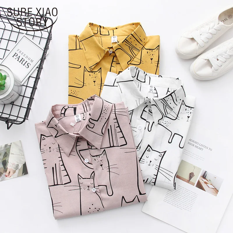 Женская рубашка с длинным рукавом Повседневная Свободная блузка принтом кота в