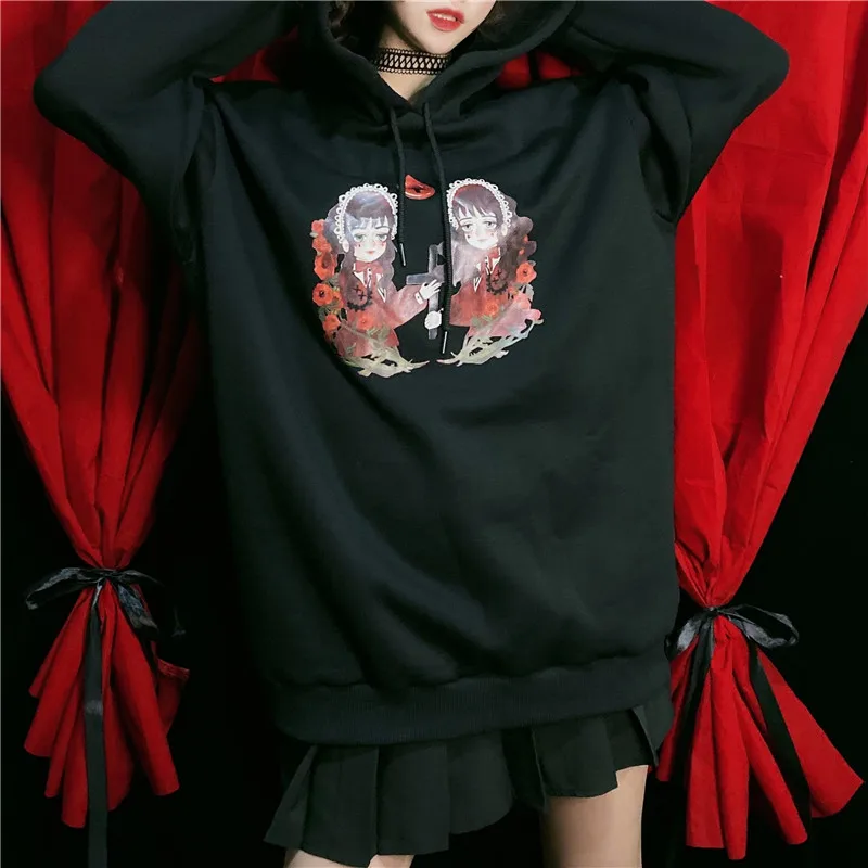 Милая Женская Толстовка Harajuku Готический мультяшный принт плюс бархат с капюшоном модная повседневная панк уличная темная Толстовка Осень