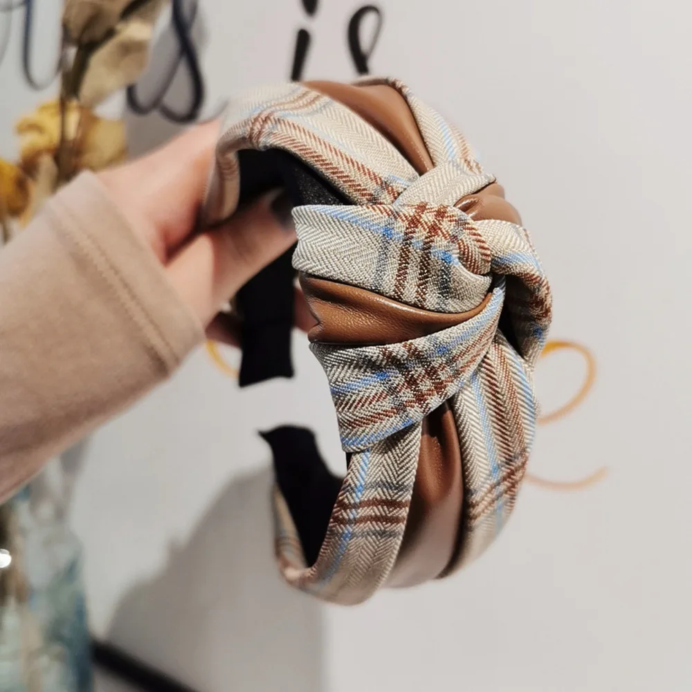 Повязка на голову из искусственной кожи в стиле ретро с узлом клетку