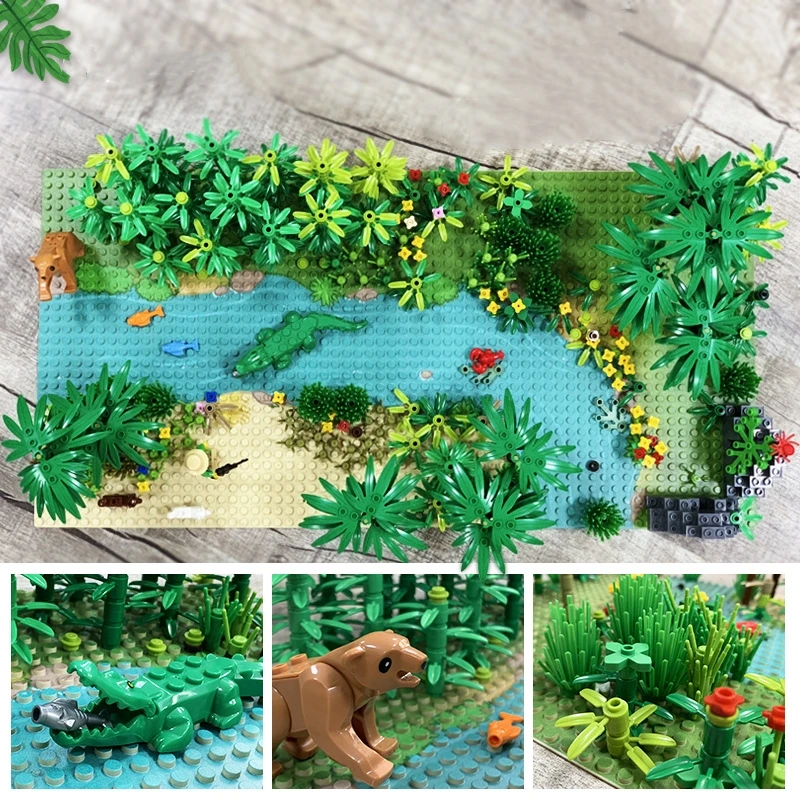 Горячий 2020 MOC дождь лес река блоки тропические леса с растениями и животными 32x32