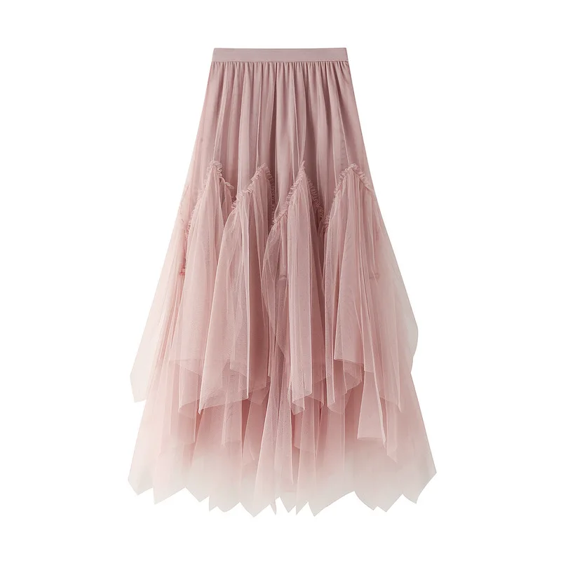 

2021 Весенняя женская юбка с высокой талией, однотонная Асимметричная сетчатая юбка из тюля, облегающая трапециевидная плиссированная юбка-С...