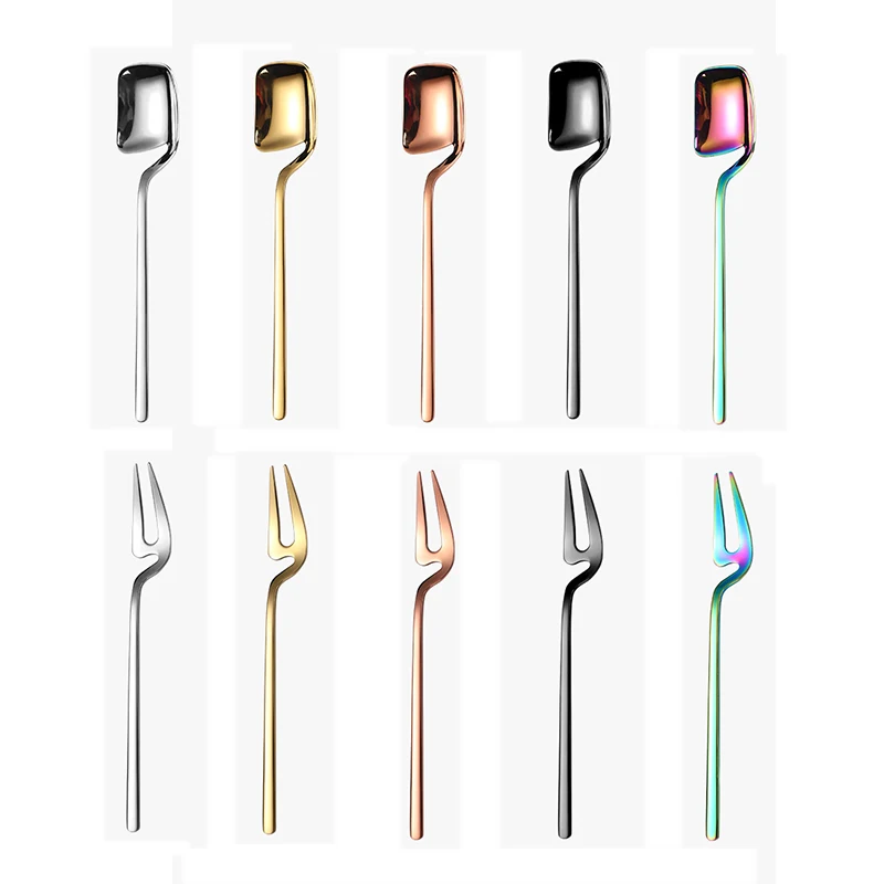 

5 Colors Stainless Steel Spoon Long Handle Ice Cream Scoop Coffee Mixing Spoon Dessert Fruit Fork Tableware Kitchen Accessories