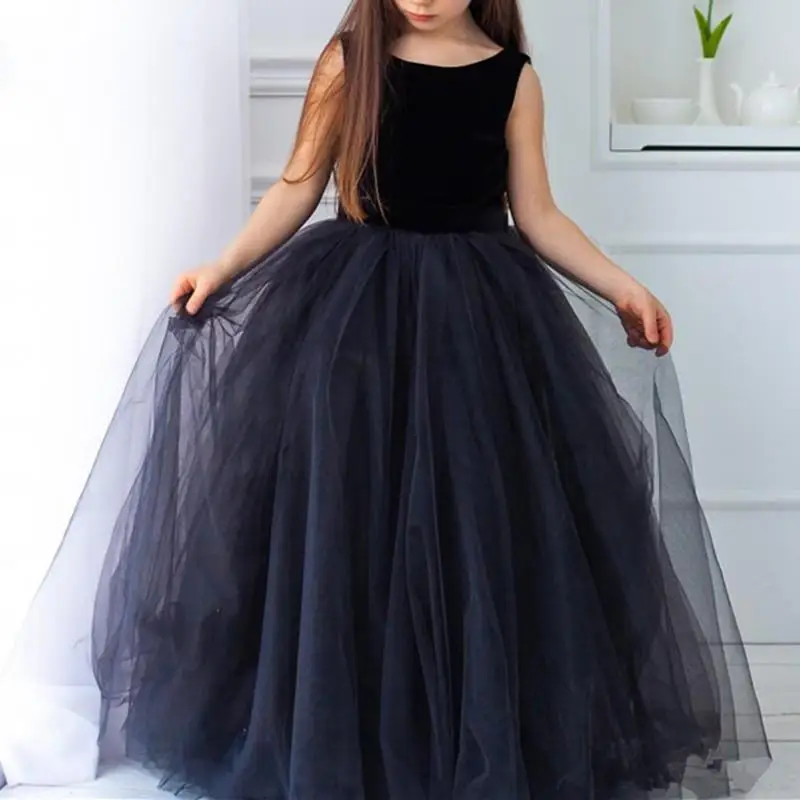 Black Tulle Flower Girls Dress Jewel Neck Kids Formal Wear Girls Pageant Gown Princess Birthday Party Dress