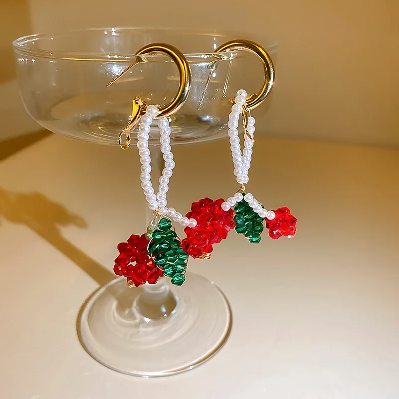 

Origin Summer Sweet Cute Red Crystal Flower Dangle Earring for Women Girls Korean Simulation Pearl Beaded Hollow Earring Jewelry