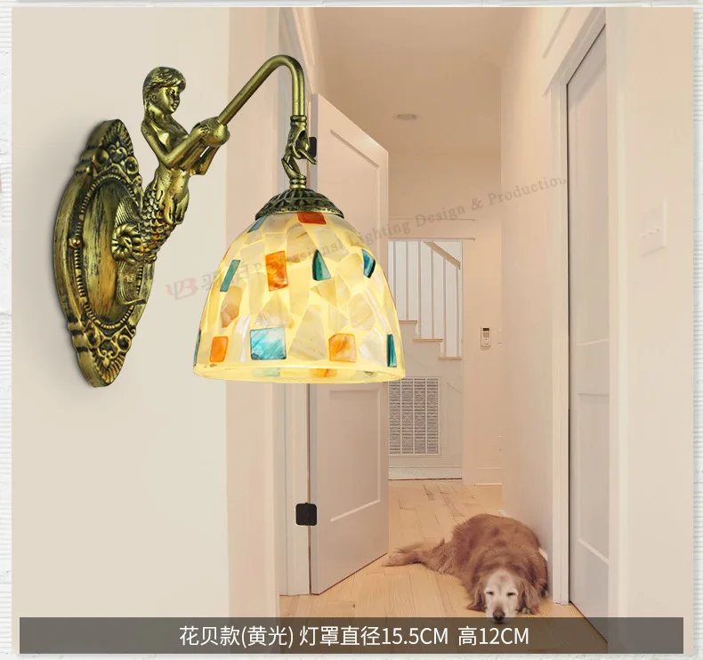 Mediterranean Wall Lamp Single Head European Retro Mermaid Resin Base Living Room Corridor Balcony Garden Bedroom Bedside Lamp