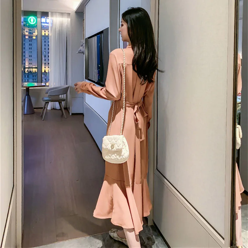 

2021 New Korean Chic Lapel Shirt Mermaid Dress for Women Pockets Trumpet Long Dresses Longue Casual Vintage Fishtail Vestiods