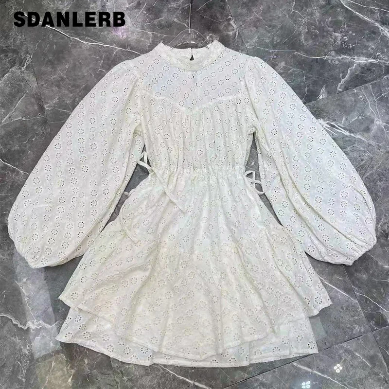 

2021 Summer New National Fashion Retro Cotton Mid Length Dress Embroidered Hollow-out Lantern Sleeve Slim Waist Dress for Women