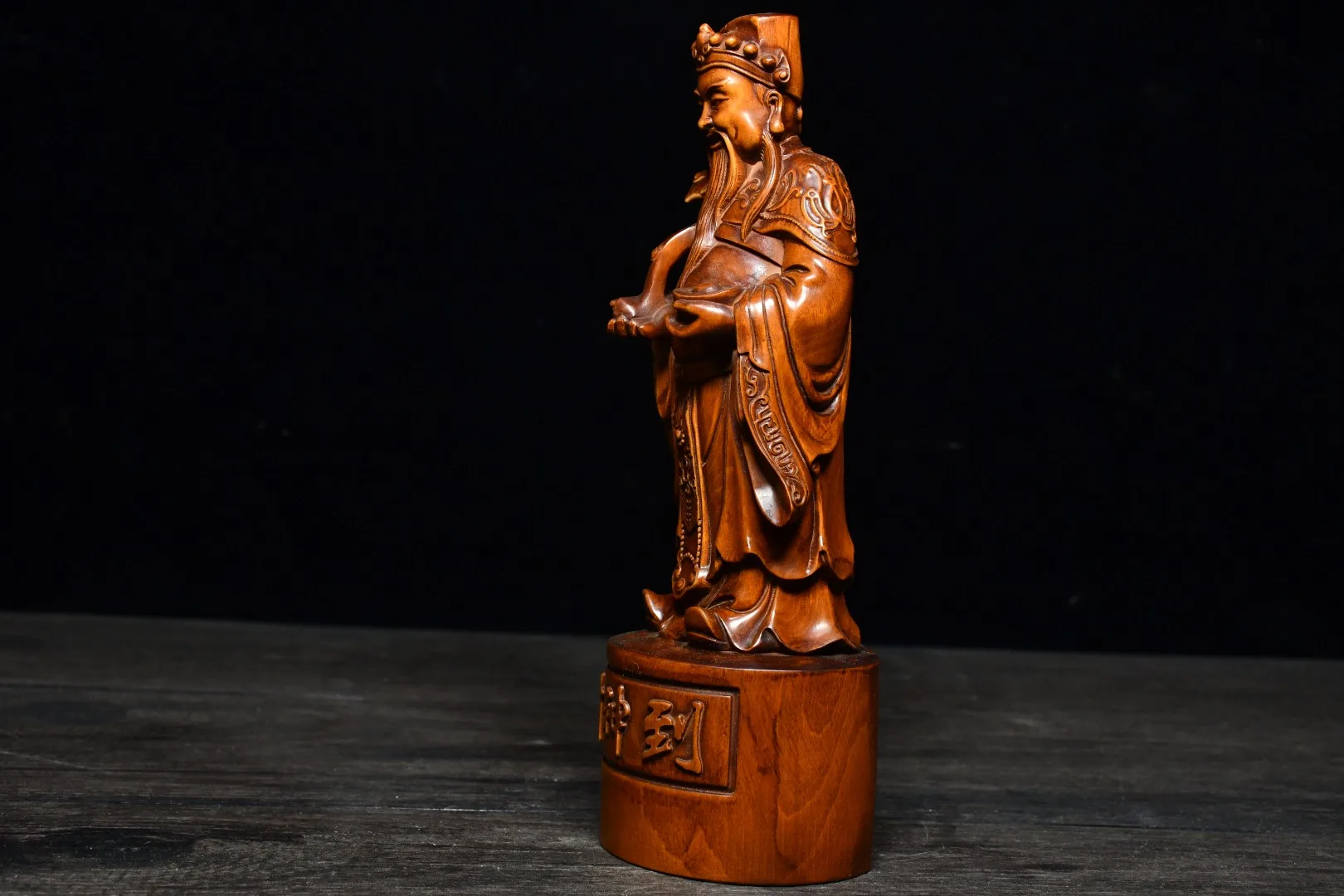 

8" China Lucky Seikos Boxwood God of Wealth Statue Ruyi God of Wealth Take ingot Implication Lucky fortune The god of wealth