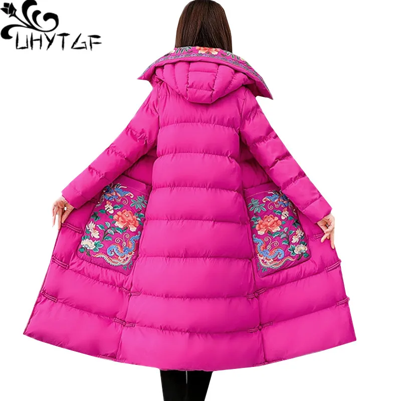 UHYTGF parkas mujer 2019, зимняя хлопковая куртка с вышивкой в стиле ретро, Женская Повседневная теплая длинная куртка с капюшоном в национальном стил...
