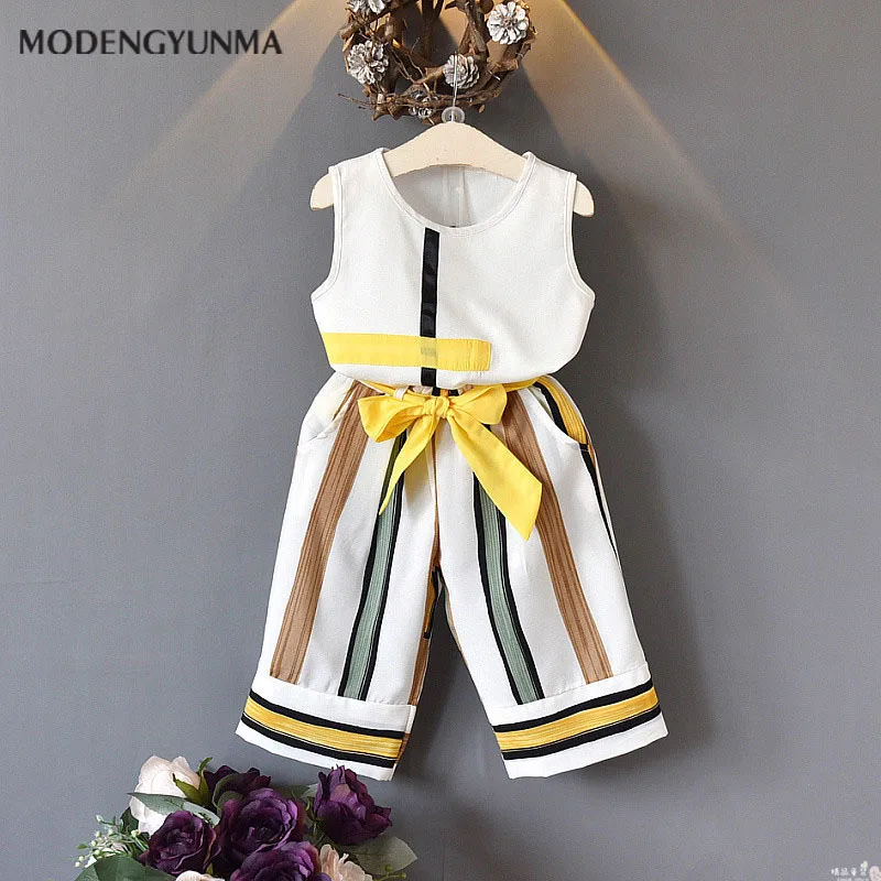 Комплекты одежды для девочек новые комплекты Милая полосатая одежда без рукавов