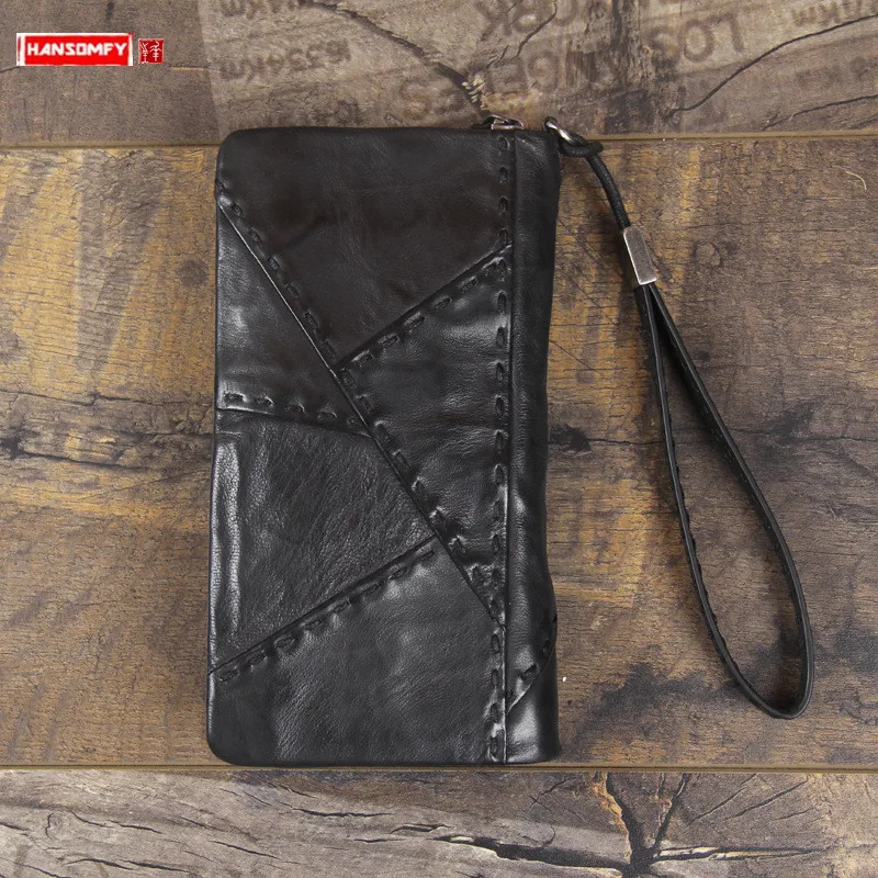 Мужской Длинный кошелек на молнии черный кожаный бумажник ручной работы с