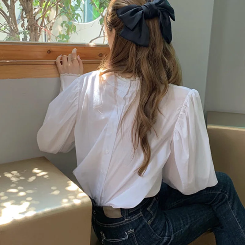 

2021Spring And Autumn Womens Tops And Blouses Lace Patchwork Stand Neck Korean Shirt Lantern Long Sleeve ElegantBoth Front And B