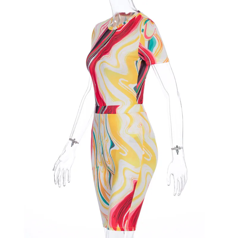 

2020 Women 2 Pieces Set O-neck Short Sleeve Bodysuit Tie Dyeing Print Wrapped High Waist Shorts Pant Home Outdoor Sports Clothes