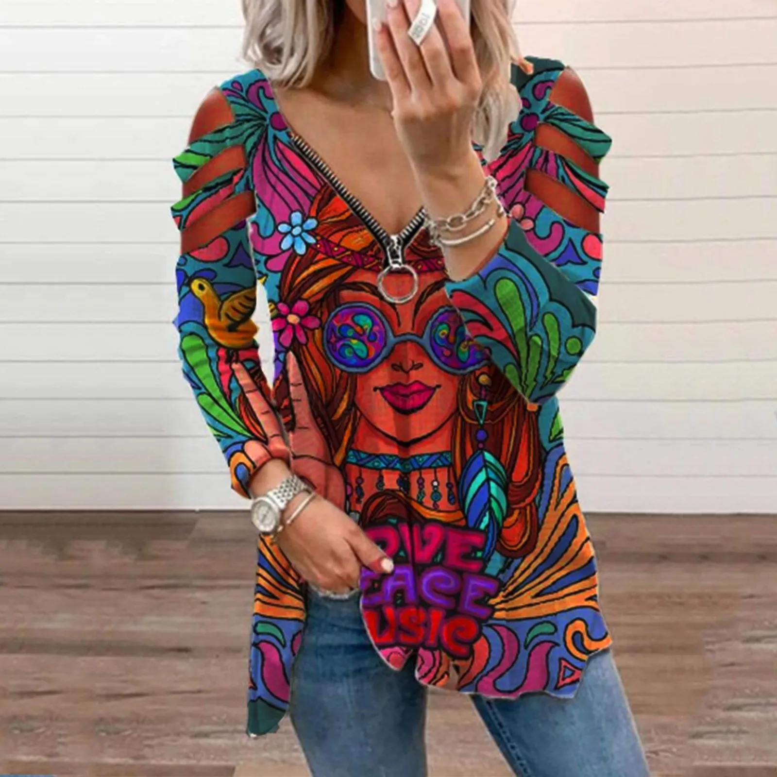 

Color Lady Print T-Shirt Womens V-neck Long Sleeve Tshirt Zipper Fold Casual Tops Strapless vintage Tee Shirst poleras mujer