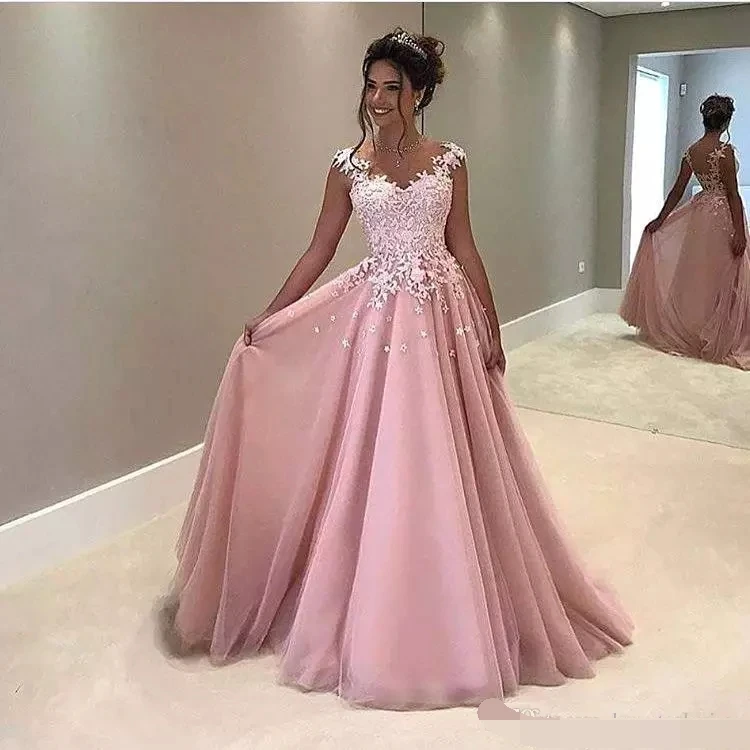 

robe de soiree 2019 Vintage A Line Pink Prom Dresses Lace Appliqued Cap Sleeve Sheer Back Evening Formal prom dress Party Gown