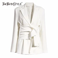 twotwinstyle elegant womens blazer notched long sleeve ruched lace up slim blazers for female 2020 summer fashion new clothing