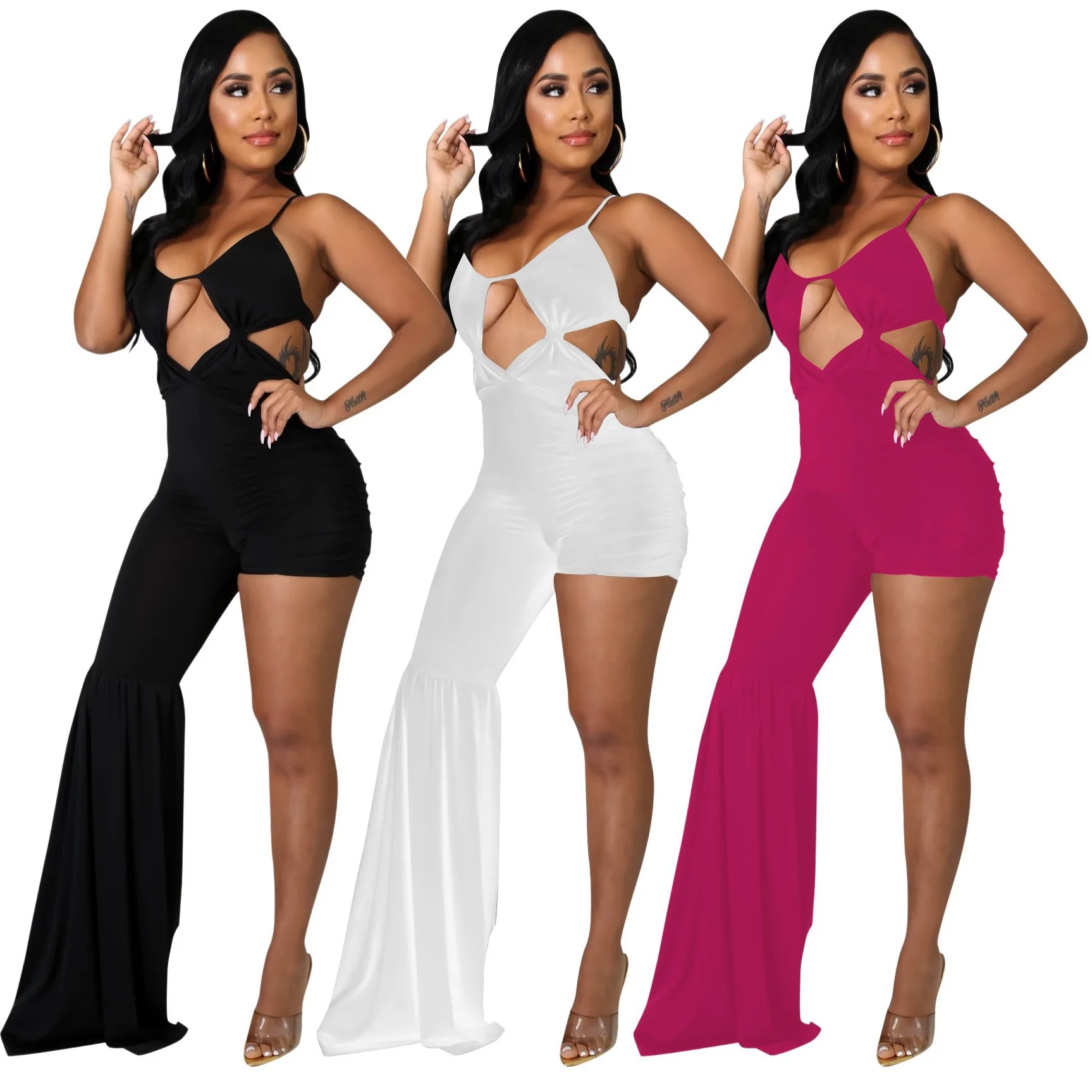 

2021 Autumn Women Asymmetry Jumpsuit Sleeveless Spaghetti Strap Hollow Out One Wide Leg Pant Nightclub Party Rompers Real Images