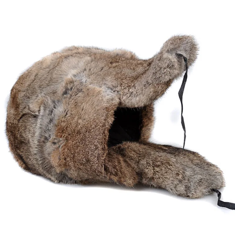 Rabbit Fur Cap Man Winter Genuine 100% Fur Bomber Hat Windproof Warm Earmuffs Male Flat Grey/Black Russian Hat