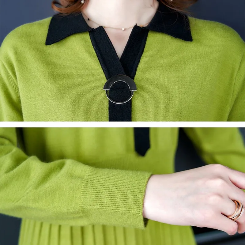 Новый элегантный OL отложной тонкий длинный свитер платье женское плотное