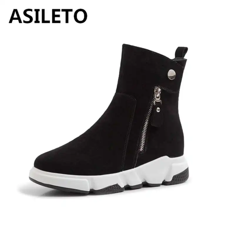 

ASILETO Ankle boots for women zipper platform warm Fur cow suede leather winter snow boots zapatos wool insole booties sapatos