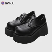 jmpx brand women platform lolita shoes wedges high heels autumn gothic punk shoes black round toe lace up pumps british style