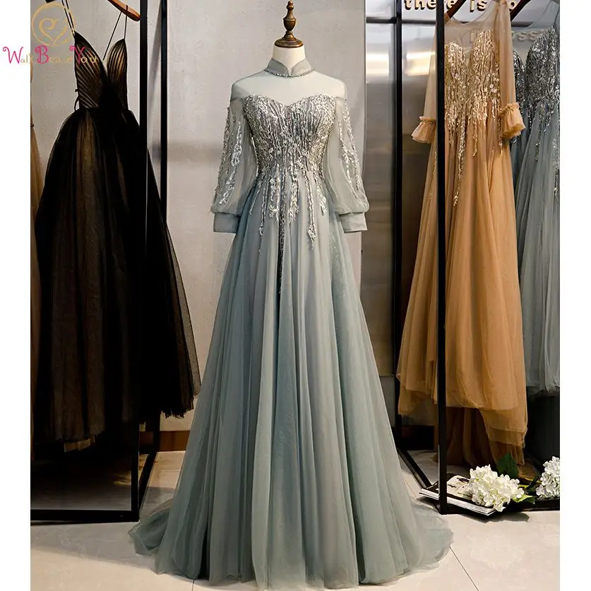

Gray Evening Dresses 2020 Long Sleeves Elegant High Neck Sheer Lace Applique Beads A Line Sweep Train Prom Gown Formal Party