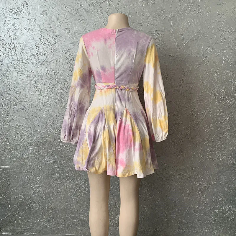 

HOUSEOFSD 2021 Casual Women Tie Dye Lady Midi Summer Dresses Fashion Colorful Long Ruffle Puff Sleeve Tie-Up Belt Loose Dress