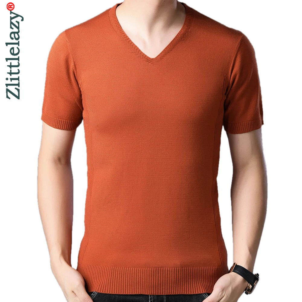

2022 Short Sleeve Casual Knitted V Neck Sweater Men Pullover Clothing Fashion Tops Clothes Knit Solid Mens Sweaters Pullovers