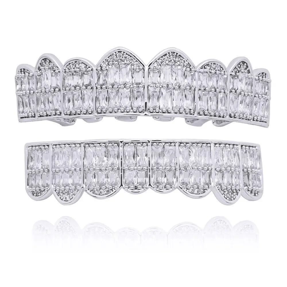 Shining Hip Hop Grillz Iced Out CZ Fang Mouth teeth grills Caps Top &amp Bottom tooth Set Men Women |