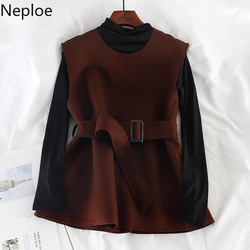 Neploe/Корейская женская Однотонная футболка с высоким воротником и зауженной