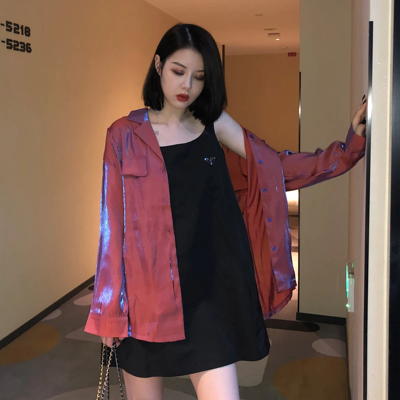 Coral red blouse Свободная рубашка, кардиганы, шикарная блестящая Русалка, Kyi, женская блузка с фигурными накладными карманами, топы размера плюс, блузы с длинным рукавом T97092 - Цвет: Coral red blouse