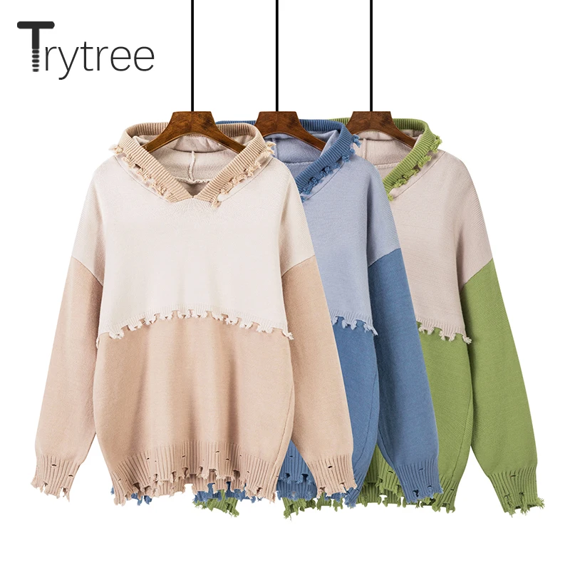 Осень-зима 2020 Женский Повседневный свитер Trytree с капюшоном модный вязаный