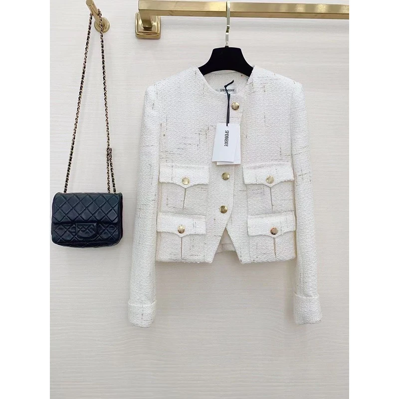 

SPENNEOOY 2021 Designer Brand Autumn Winter White Tweed Jackets Coat Women Elegance Single-Breasted Office Lady Outwear