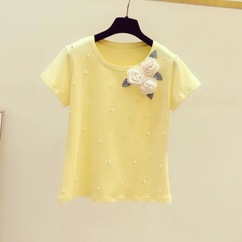 

2020 Summer Yellow T-shirt for Women New Sweet Lady Flower Decoration Beaded Women's Short Sleeve T-shirt Female Casual Tops T