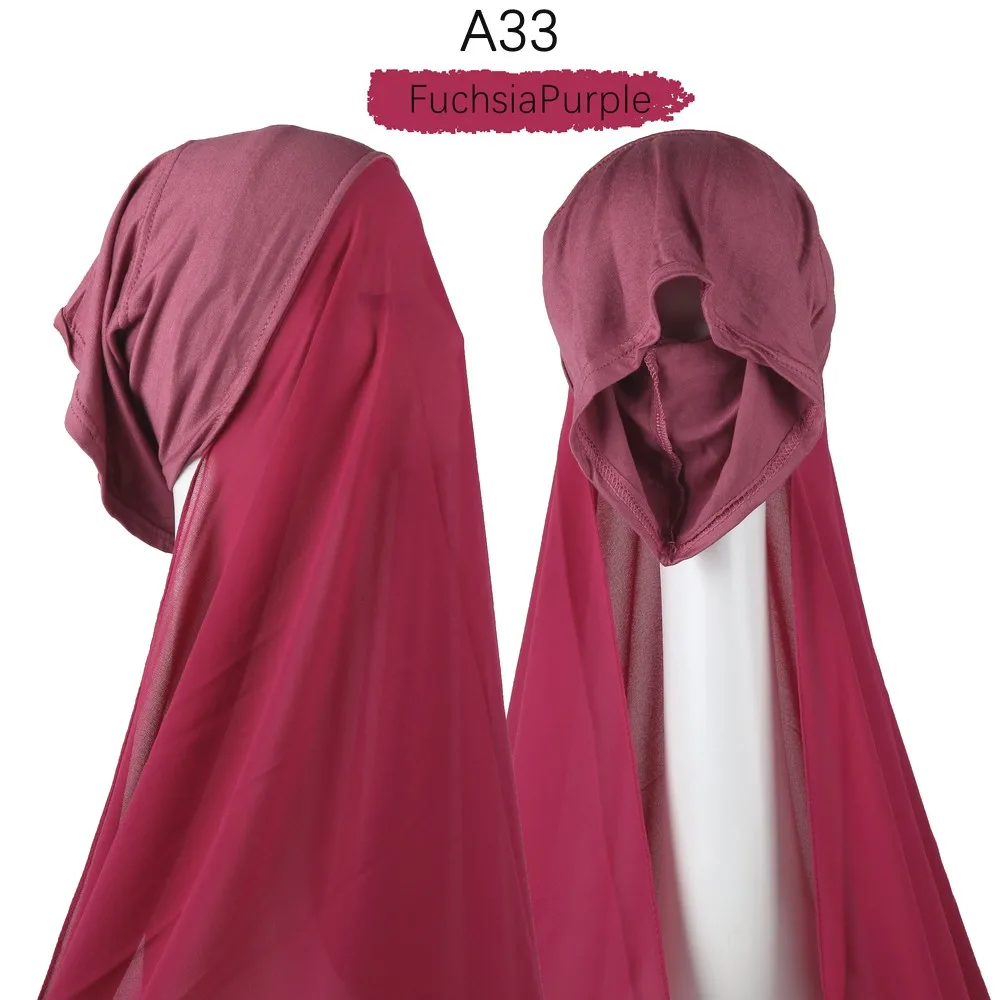 

2021 Muslim Women Solid Color Bubble Chiffon Hijab With Bonnet Underscarf Cap With Elastic Style Free Use Shawl For Ladies