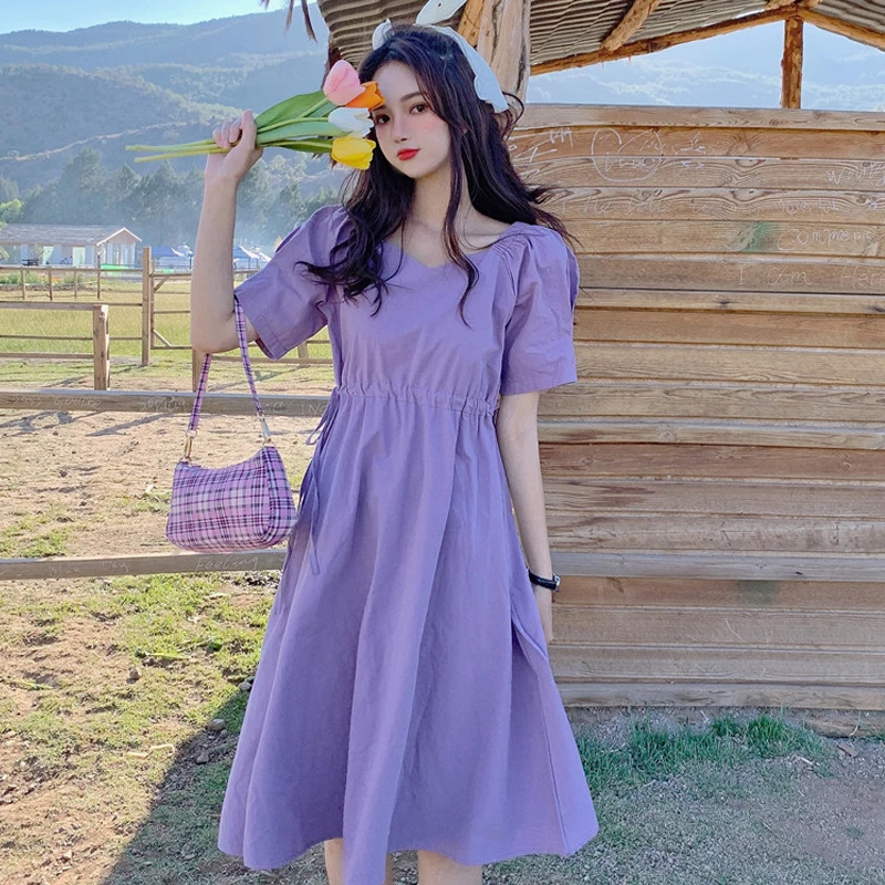 

TrafV collar short sleeve tie-up waist sweet solid color dress 2022 summer new French gentle temperament long skirt