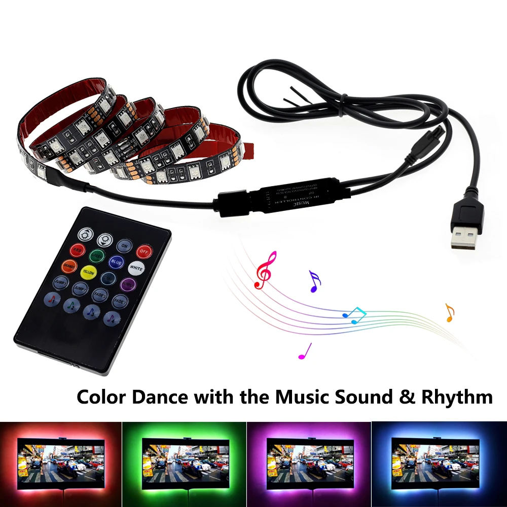 USB Светодиодная лента 5050 RGB гибкий светодиодный светильник лента с радиочастотным пультом дистанционного управления музыкой ПК экран ТВ ПОДСВЕТКА и косой светильник ing 0,5 м 1 м 2 м
