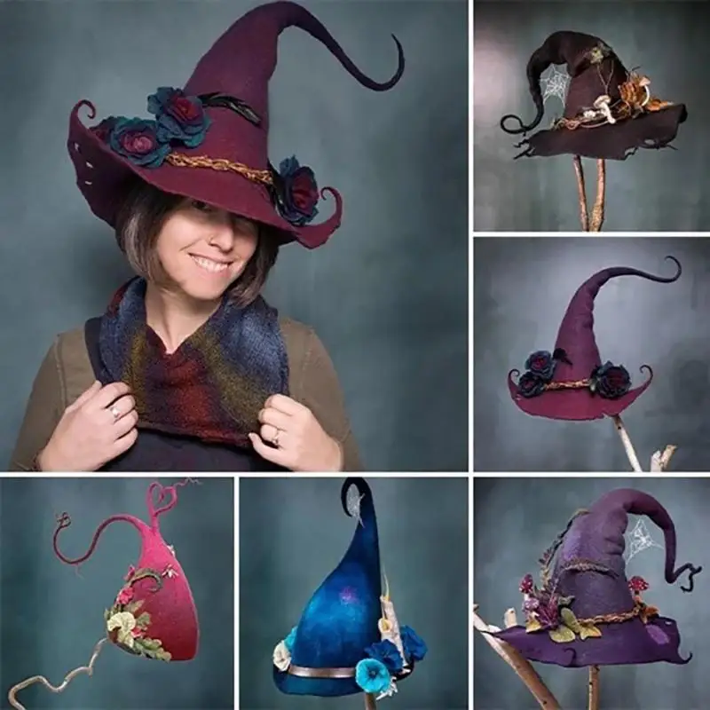 

New Women Modern Witch Hat Costume Sharp Pointed Wool Felt Halloween Party Hats Warm Autumn Winter Cap Witch Hat Cosplay Props