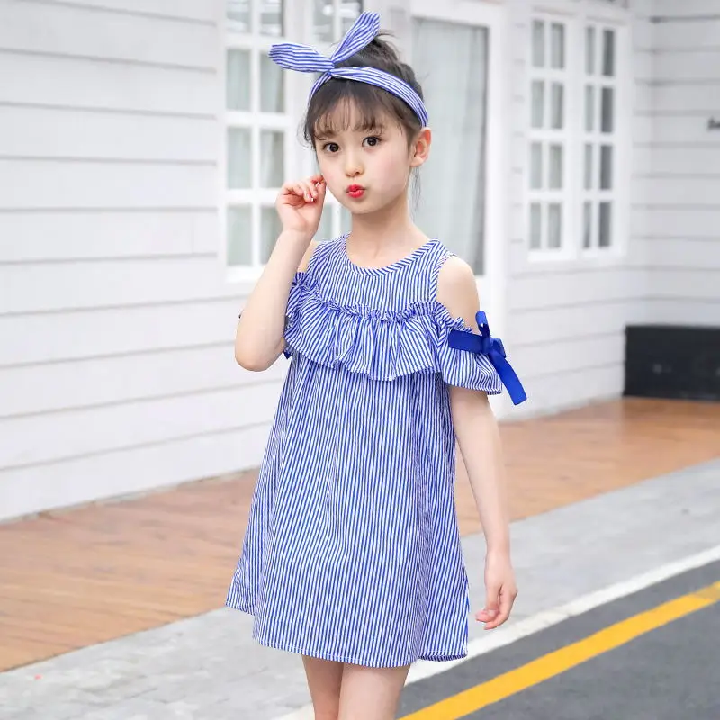 

Hot 2020 new Summer Dress Toddler Kids Baby Girls Lovely Birthday Clothes Blue Striped Off-shoulder Ruffles Party Gown Dresses