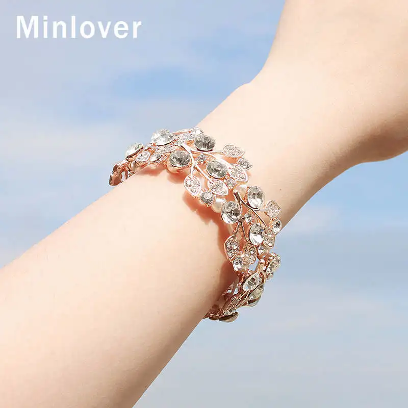 Minlover розовое золото цвет листья горный хрусталь невесты браслеты для женщин очаровательные свадебные браслеты модные новые ювелирные изделия MSL108