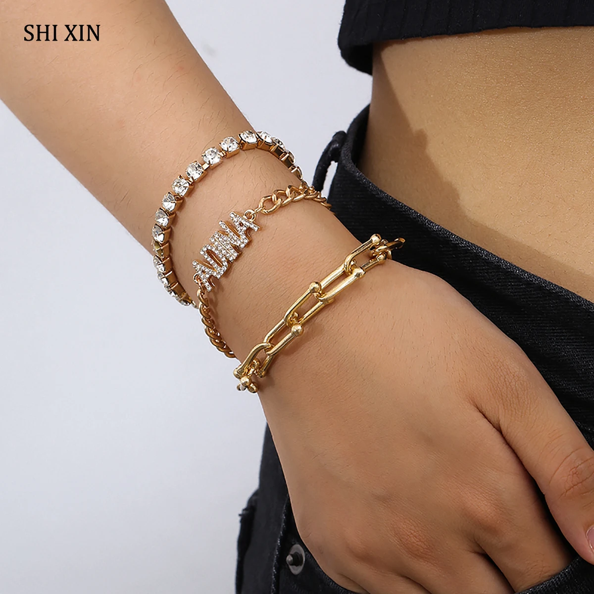 Женская многослойная цепочка хип хоп SHIXIN браслеты с буквами и кристаллами в