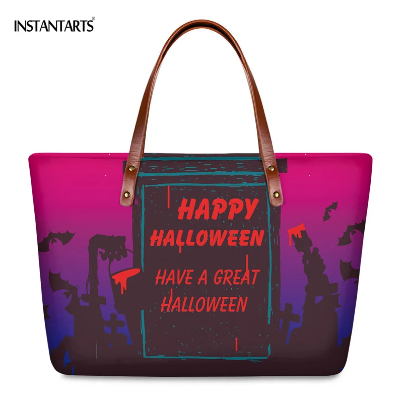 

INSTANTARTS Happy Halloween Design Print Women Tote Bag for Female Shopping Brand Handle Bag Casual Girl Travel Holiday Handbag