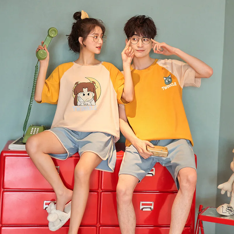 

Summer Knitte Cotton Couple Pajamas Set Women Cute Cartoon Sleepwear Leisure Loose Plus Size O-Neck Short Sleeve Lovers Homewear